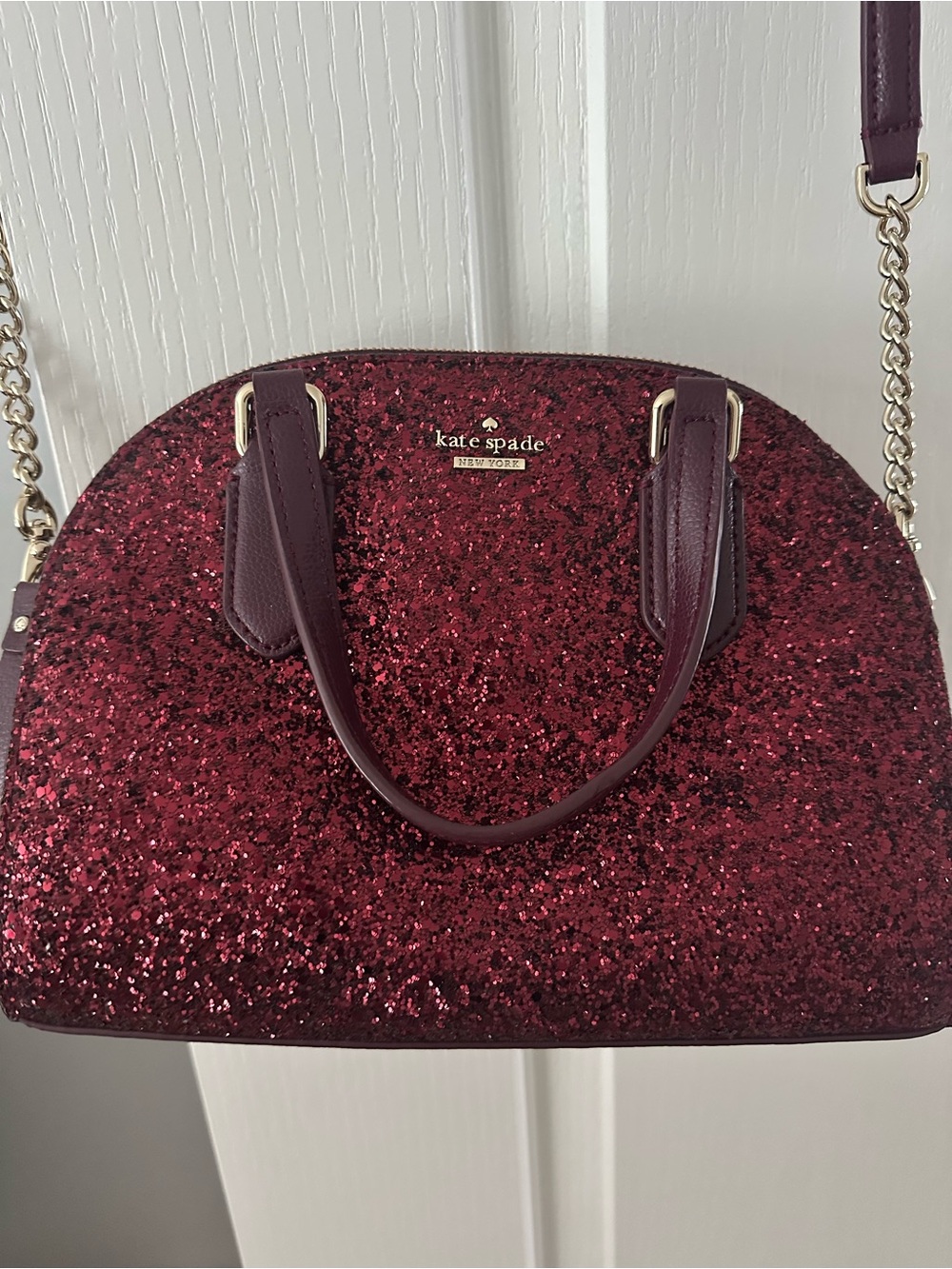 Kate Spade Burgundy Glitter Dome Crossbody Satchel with Gold Chain